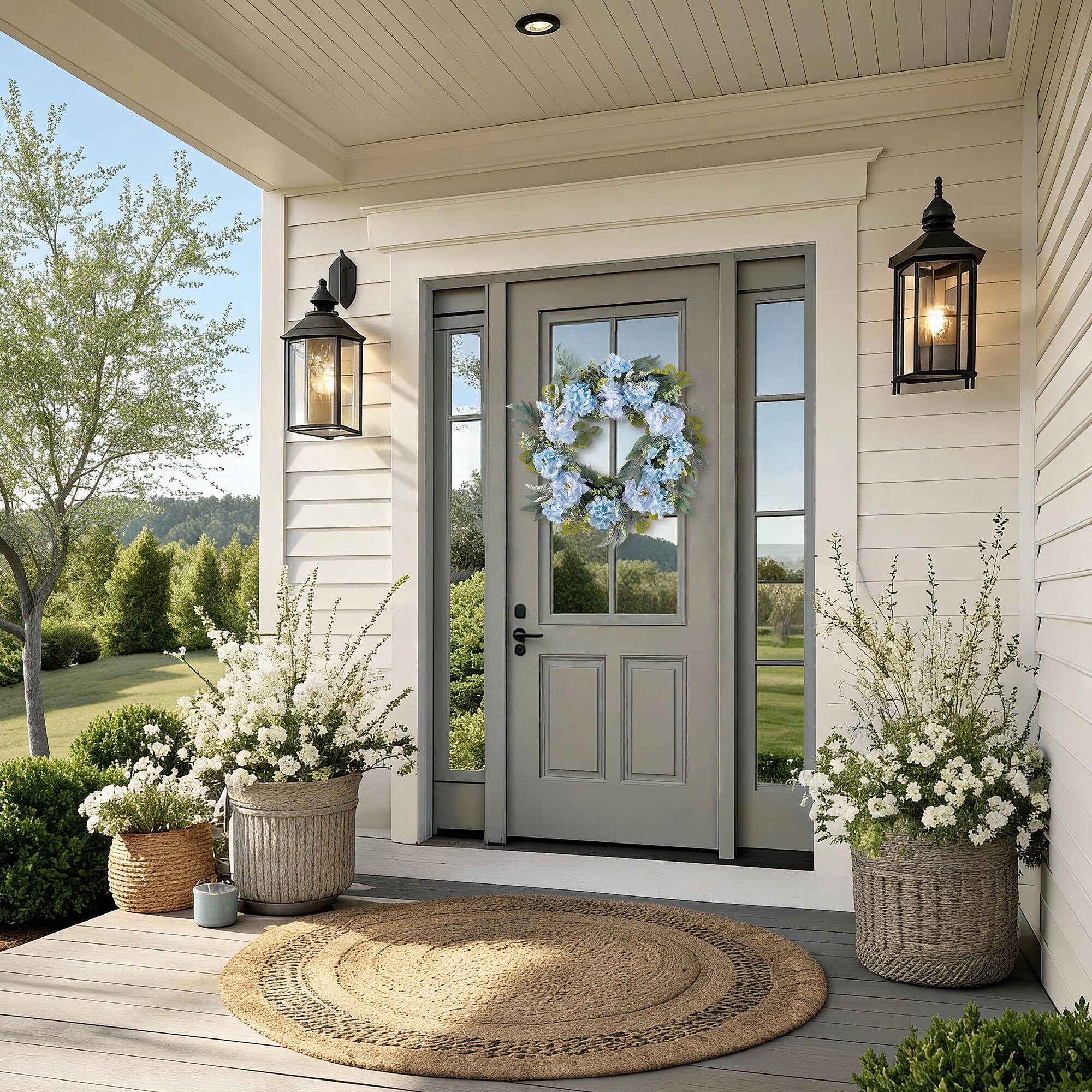 Glitzhome® 24" Blue Peony & Hydrangea Floral Wreath with Black Metal Hanger
